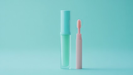 Lip gloss and applicator stand against a blue-green backdrop