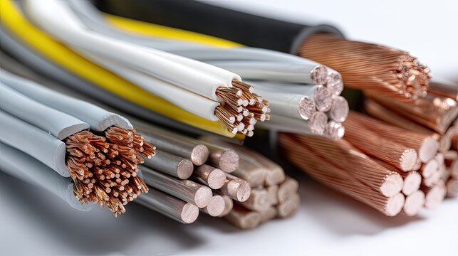 Various electrical wires and cables arranged in a detailed display showcasing different materials and sizes for industrial and residential use