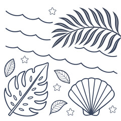 Obraz premium Navy Blue Tropical Leaves Seashells and Waves Elements