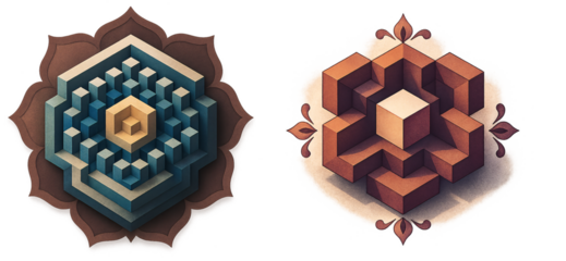 3D Isometric Geometric Cube Rangoli Design with Sacred Mandala Border - Modern Indian Festival Art Vector