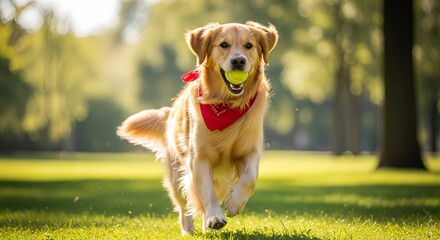 Golden retriever dog running on green grass in the park with a tennis ball in its mouth