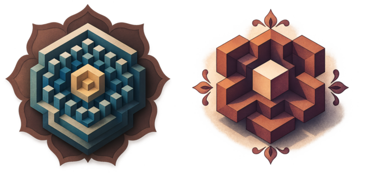 3D Isometric Geometric Cube Rangoli Design with Sacred Mandala Border - Modern Indian Festival Art Vector - Powered by Adobe