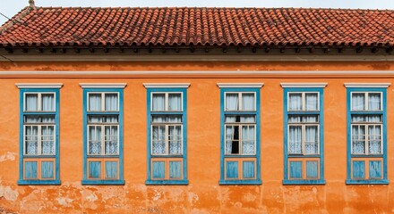 Naklejka premium Vibrant orange facade with five symmetrical windows, framed in bright turquoise beneath a textured terracotta tile roof.