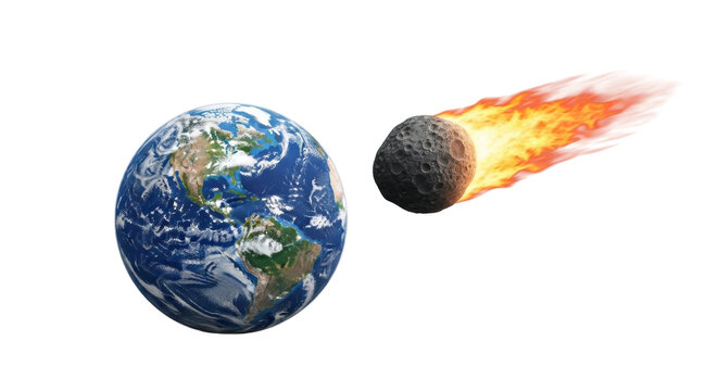 Isolated globe and asteroid with flames against the blue planet Earth in outer space