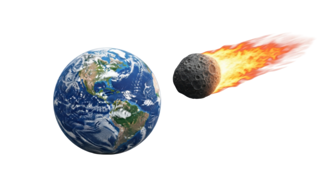 Isolated globe and asteroid with flames against the blue planet Earth in outer space