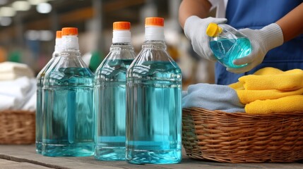 Workers organize bottles of cleaning solution and towels in a warehouse during a busy day of preparation for distribution to local stores