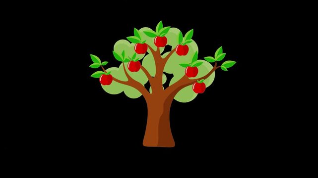 Animation of an apple tree bearing lots of fruit on a black background