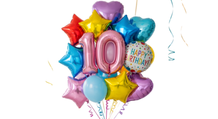 Colorful birthday balloons and celebration decor — balloons bouquet, confetti splash, and milestone milestone-themed designs