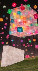 Glowing cube of light floats over grass