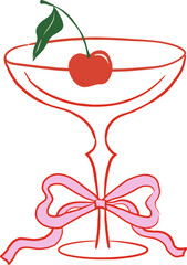 Hand drawn cocktail glass with cherry and coquette bow - Christmas cocktail party drawings series 