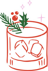 Hand drawn glass of whiskey with ice - Christmas cocktail party drawings series