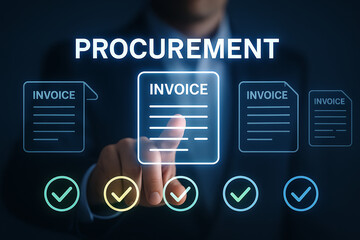 Businessman pointing to a virtual screen with the word procurement and several invoice documents, highlighting the invoice as a key step in the purchasing or procurement process