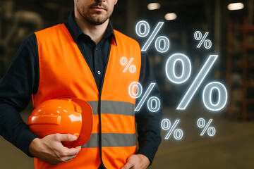 Worker in orange safety vest holding a hard hat with glowing percent signs overlaid, representing interest rates, discounts, or financial metrics in an industrial or warehouse setting