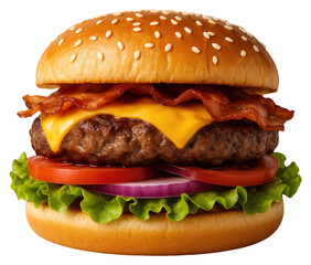 Close-up of a gourmet cheeseburger with bacon lettuce tomato and onion hamburger isolated on a transparent background