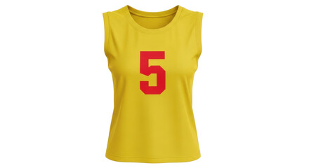 Isolated golden yellow tank top jersey with number five in red for sports or athletics