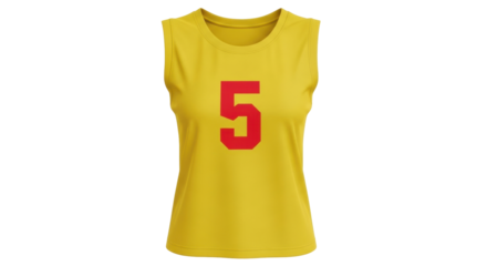 Isolated golden yellow tank top jersey with number five in red for sports or athletics