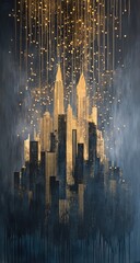 Cityscape glow, abstract buildings with golden rain effect