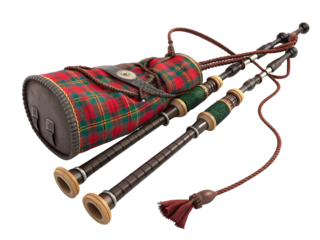 Scottish Great Highland bagpipes with traditional red tartan plaid bag and wooden drones isolated on transparent background