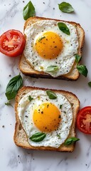 Sunny-side up eggs on toast, with tomatoes and basil garnish
