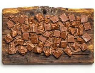 Milk chocolate chunks on weathered wood cutting board
