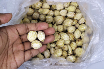 A hand holds three shelled candlenut seeds (kemiri) over a plastic bag full of nuts, highlighting the raw ingredient for cooking and Asian spices ready for sale.