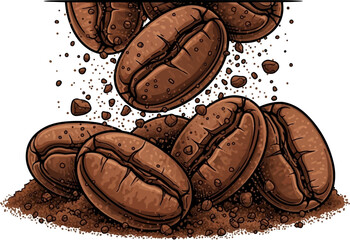 Vector Illustration of Falling Coffee Beans with Coffee Grounds