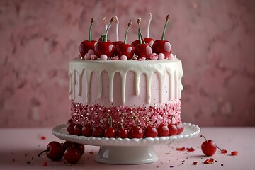 Delicious Pink Drip Cake with Cherries and Sprinkles