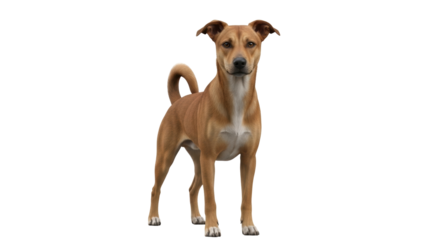 Isolated brown dog standing alert, looking forward, on clean background with curled tail