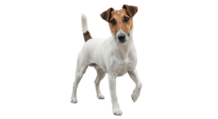 Isolated Jack Russell Terrier dog walking towards camera, full length portrait in studio