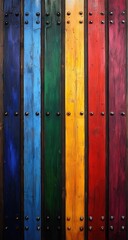 Colorful planks nailed to dark wood. Bright, vibrant hues