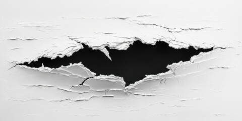 Abstract closeup of peeling white paint with deep black gap in center