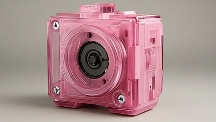 Pink, transparent plastic camera, clear lens cover