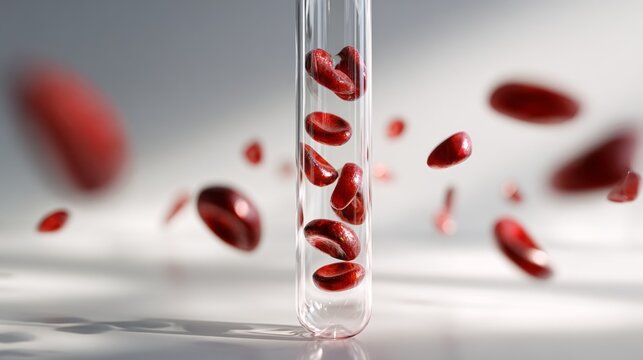 Red blood cells dynamically suspended in a test tube with bright background illustrating scientific research