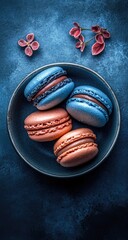 Macarons on a plate, surrounded by flowers