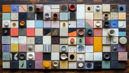 Tiled mosaic of tiny dishes and artful squares