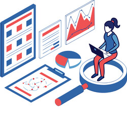 Isometric Data Analysis Vector Charts, Graphs, and Magnifying Glass