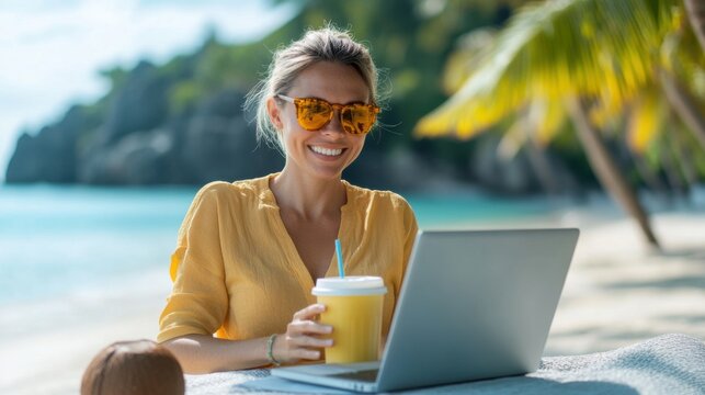 Remote work concept with happy woman using computer outdoors near the sea - Powered by Adobe