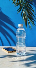 Water bottle with phone under palm leaf shadow