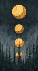 Moon phases above trees. Dark forest. Gold glow. Aesthetic