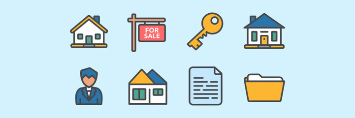 Vector icon sheet of house, for sale sign, key, property listing, agent symbol, and contract folder – Perfect for housing market branding and property deals