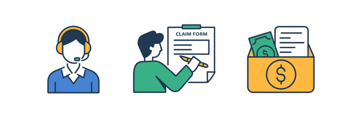 Vector icon sheet of insurance representative, claim form, and insurance package with money symbol – Great for insurance branding, financial planning, and customer service