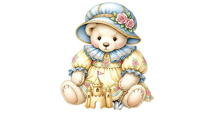 Fototapeta premium Illustration of cute teddy bear wearing a vintage hat and dress, isolated on transparent background