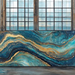 Wall art, blue, gold, marble texture against large window