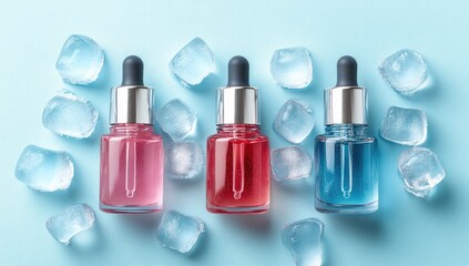 Three serum bottles amidst ice, on a light blue surface