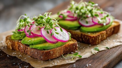 Avocado toast with radish slices and sprouts on crisp sourdough