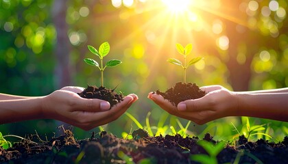 Two hands holding young green seedlings in rich soil, glowing sun rays in a bright forest background, concept of environmental conservation, new life, growth, and sustainable farming