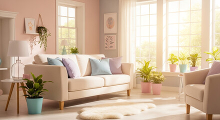 Fototapeta premium Serene modern living room bathed in warm sunlight, featuring a plush sofa adorned with pastel pillows and an abundance of vibrant indoor plants.