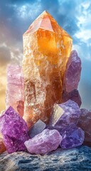 Vibrant crystals clustered, sky backdrop, spiritual