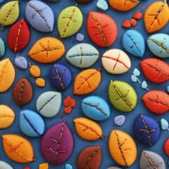Colorful, textured, embroidered leaf pattern on a blue base
