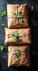 Stack of wrapped packages adorned with basil on dark backdrop